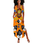 Swaziland Eswatini Summer Maxi Dress Lion Shield and Leopard Print Tribal Design