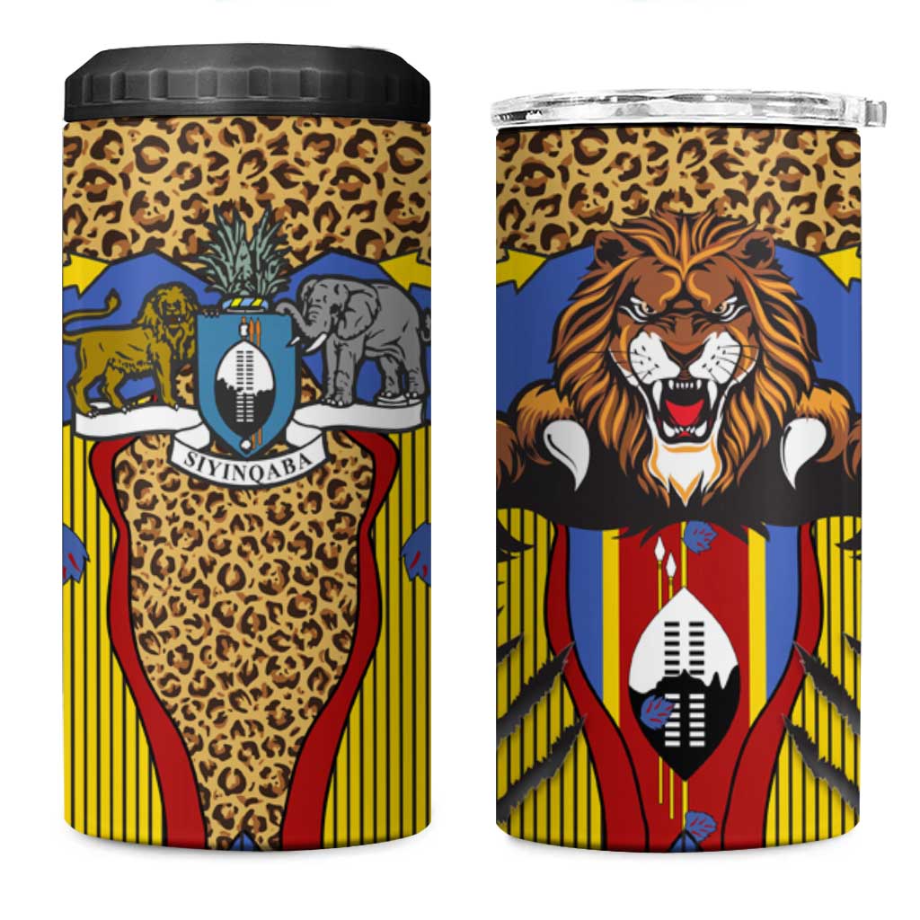 Swaziland Eswatini 4 in 1 Can Cooler Tumbler Coat of Arms Lion Elephant Shield Leopard Print Design