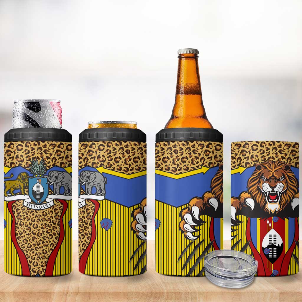 Swaziland Eswatini 4 in 1 Can Cooler Tumbler Coat of Arms Lion Elephant Shield Leopard Print Design