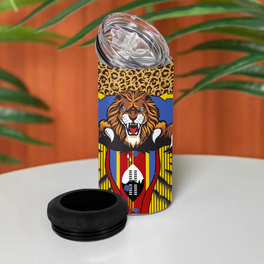 Swaziland Eswatini 4 in 1 Can Cooler Tumbler Coat of Arms Lion Elephant Shield Leopard Print Design