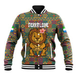 Sierra Leone Baseball Jacket - Cute Lion Playing Djembe Drum and Tribal Pattern Design