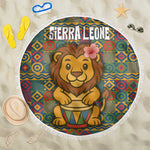 Sierra Leone Beach Blanket - Cute Lion Playing Djembe Drum and Tribal Pattern Design