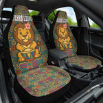 Sierra Leone Car Seat Cover - Cute Lion Playing Djembe Drum and Tribal Pattern Design
