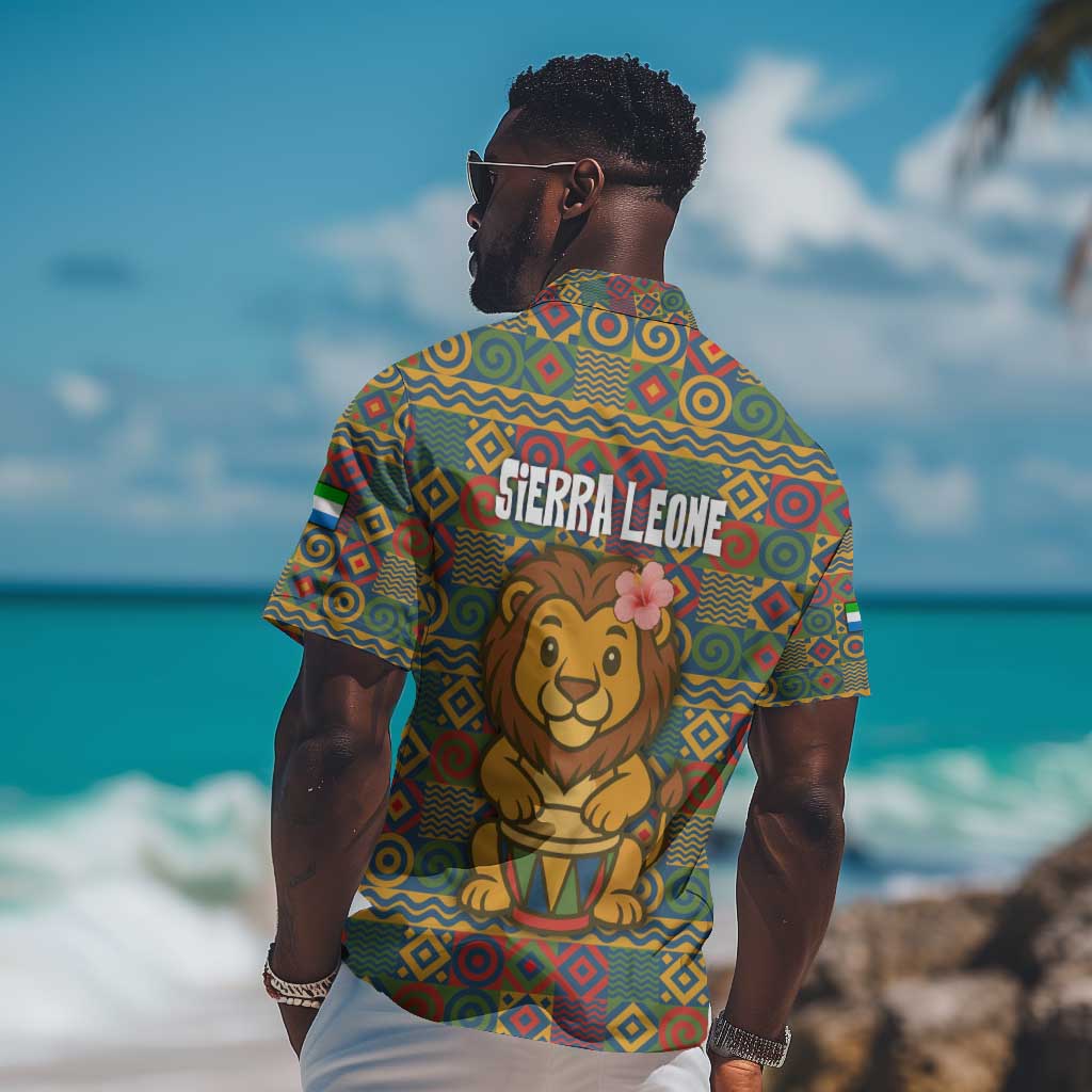 Sierra Leone Hawaiian Shirt - Cute Lion Playing Djembe Drum and Tribal Pattern Design