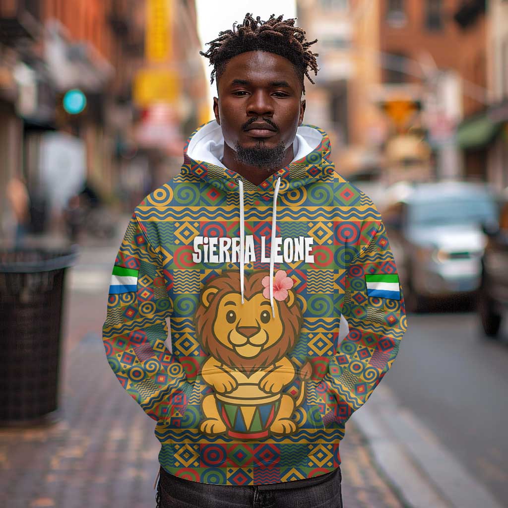 Sierra Leone Hoodie - Cute Lion Playing Djembe Drum and Tribal Pattern Design
