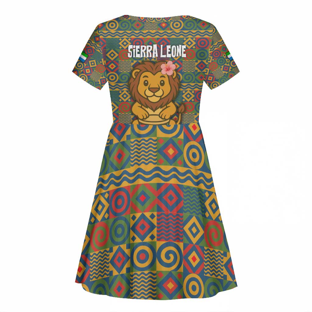 Sierra Leone Kid Short Sleeve Dress - Cute Lion Playing Djembe Drum and Tribal Pattern Design