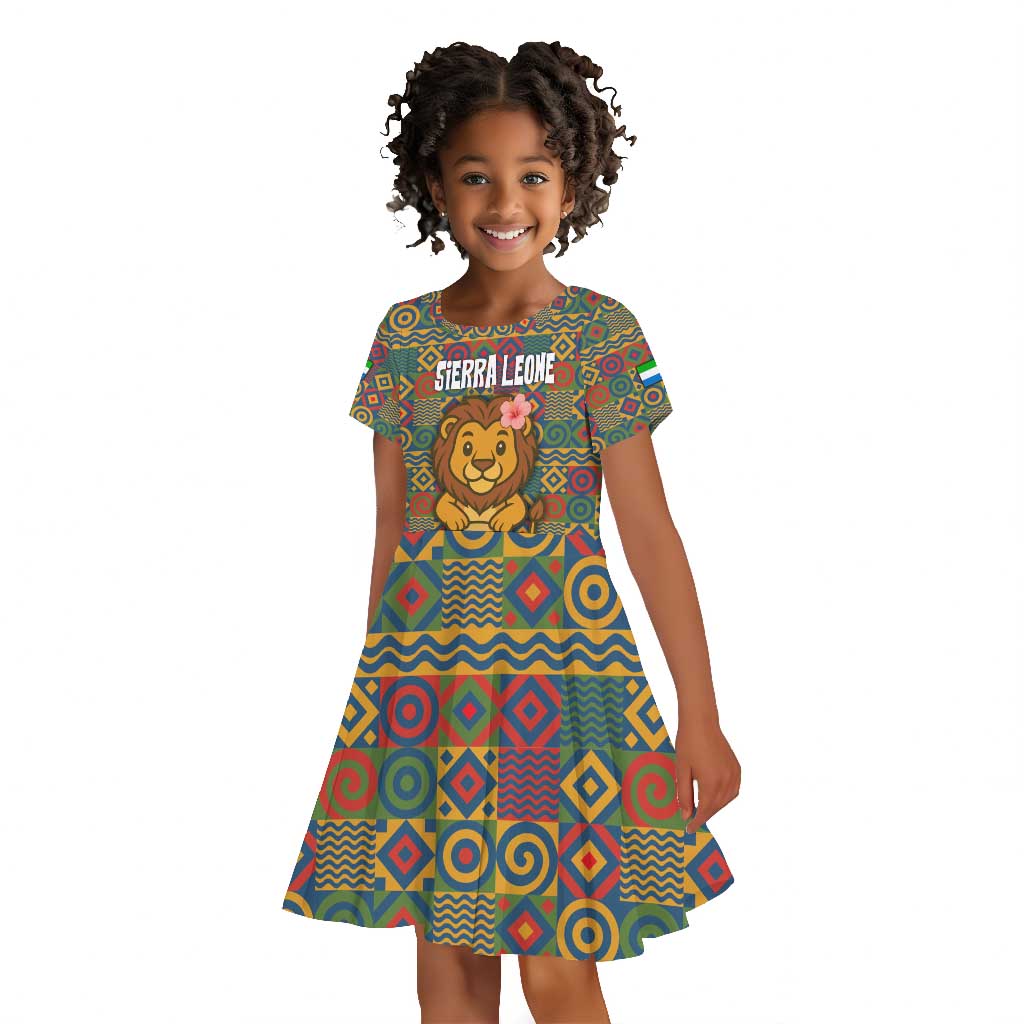 Sierra Leone Kid Short Sleeve Dress - Cute Lion Playing Djembe Drum and Tribal Pattern Design