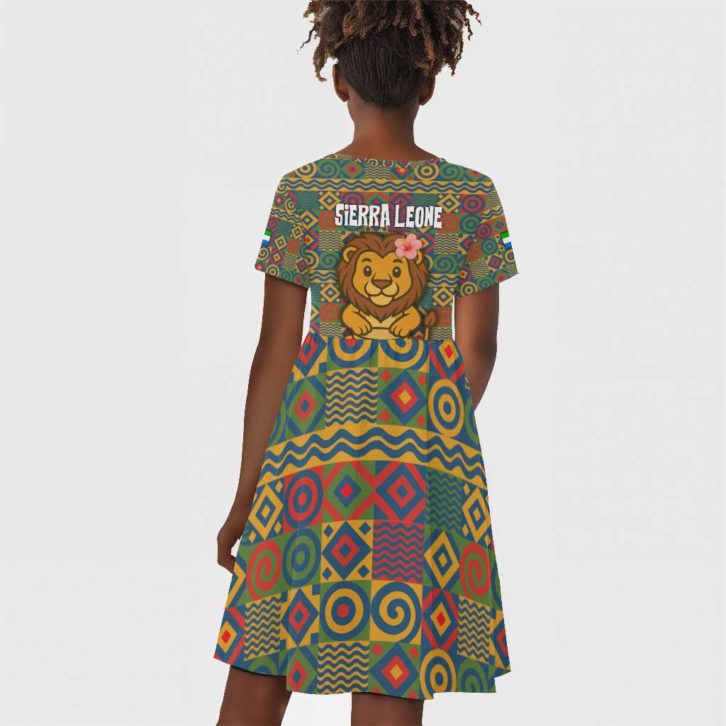 Sierra Leone Kid Short Sleeve Dress - Cute Lion Playing Djembe Drum and Tribal Pattern Design