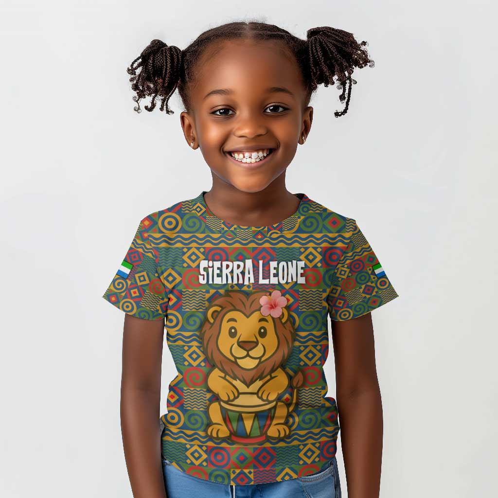 Sierra Leone Kid T shirt - Cute Lion Playing Djembe Drum and Tribal Pattern Design