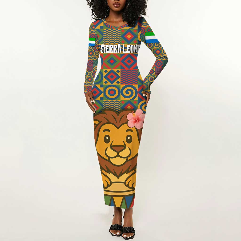 Sierra Leone Long Sleeve Bodycon Dress - Cute Lion Playing Djembe Drum and Tribal Pattern Design by AfricanPride Sierra Leone Long Sleeve Bodycon Dress - Cute Lion Playing Djembe Drum and Tribal Pattern Design by AfricanPride