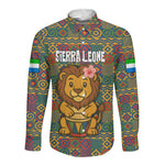 Sierra Leone Long Sleeve Button Shirt - Cute Lion Playing Djembe Drum and Tribal Pattern Design