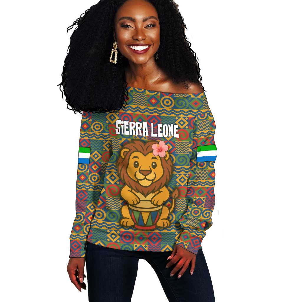 Sierra Leone Off Shoulder Sweater - Cute Lion Playing Djembe Drum and Tribal Pattern Design