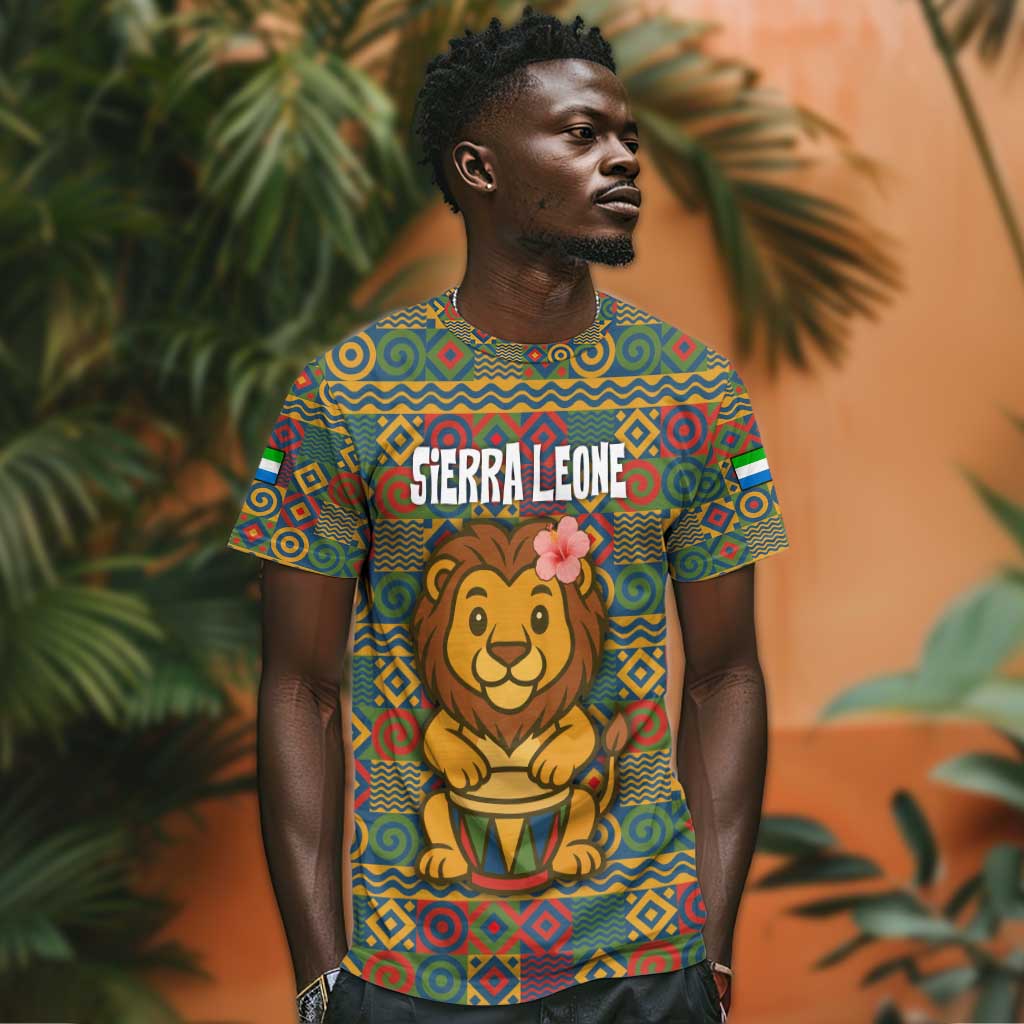 Sierra Leone T shirt - Cute Lion Playing Djembe Drum and Tribal Pattern Design