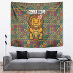Sierra Leone Tapestry - Cute Lion Playing Djembe Drum and Tribal Pattern Design