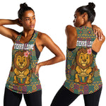 Sierra Leone Women Racerback Tank - Cute Lion Playing Djembe Drum and Tribal Pattern Design