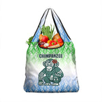 Sierra Leone Grocery Bag - Tribal Chimpanzee Design and Green Blue Gradient Pattern