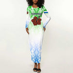 Sierra Leone Long Sleeve Bodycon Dress - Tribal Chimpanzee Design and Green Blue Gradient Pattern