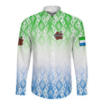 Sierra Leone Long Sleeve Button Shirt - Tribal Chimpanzee Design and Green Blue Gradient Pattern