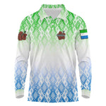 Sierra Leone Long Sleeve Polo Shirt - Tribal Chimpanzee Design and Green Blue Gradient Pattern