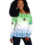 Sierra Leone Off Shoulder Sweater - Tribal Chimpanzee Design and Green Blue Gradient Pattern