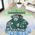 Sierra Leone Round Carpet - Tribal Chimpanzee Design and Green Blue Gradient Pattern