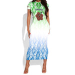 Sierra Leone Short Sleeve Bodycon Dress - Tribal Chimpanzee Design and Green Blue Gradient Pattern