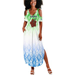 Sierra Leone Summer Maxi Dress - Tribal Chimpanzee Design and Green Blue Gradient Pattern