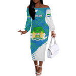 Sierra Leone Crest Off The Shoulder Long Sleeve Dress with National Coat of Arms and Flag Colors