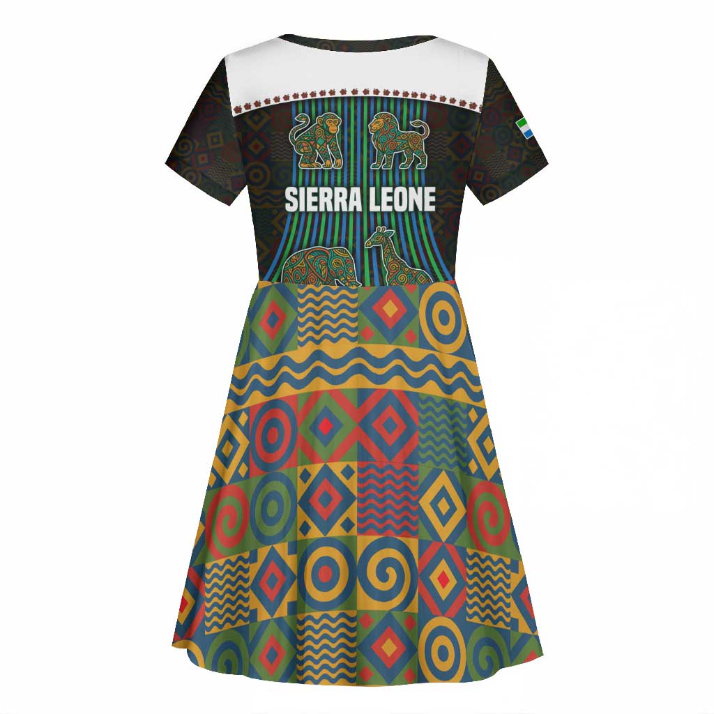Sierra Leone Kid Short Sleeve Dress - Tribal Animal Pattern Featuring Lion Elephant Giraffe and Monkey