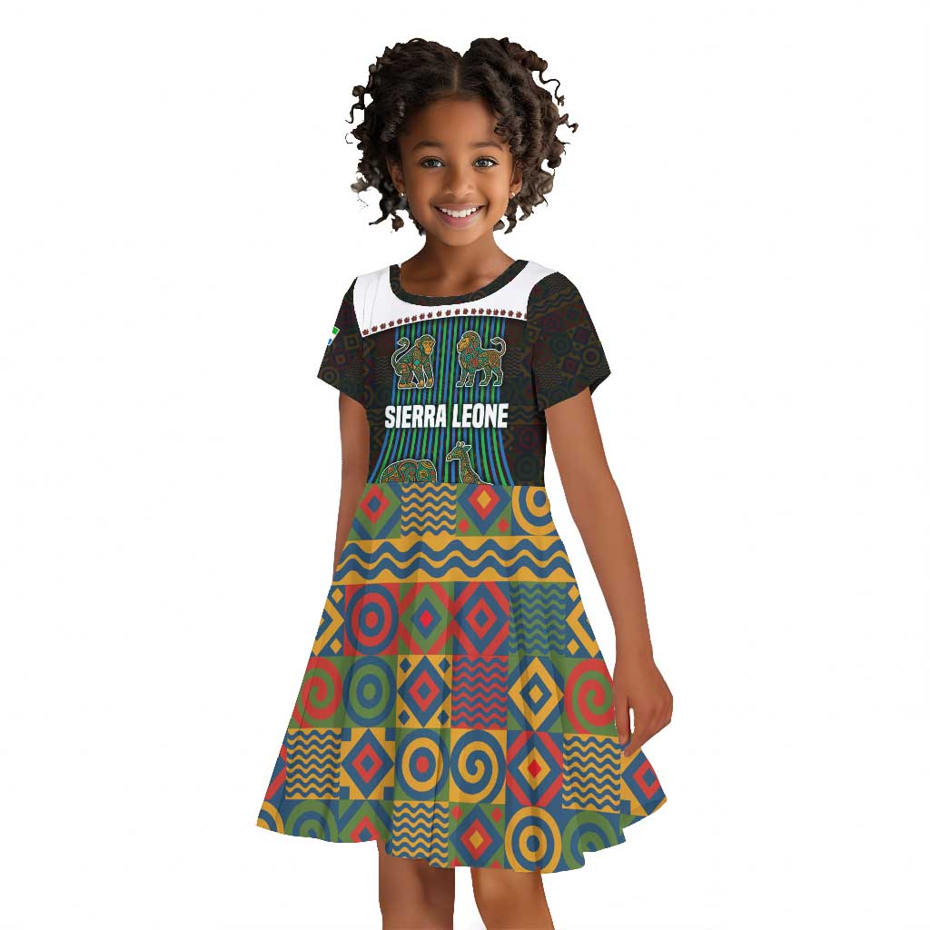 Sierra Leone Kid Short Sleeve Dress - Tribal Animal Pattern Featuring Lion Elephant Giraffe and Monkey