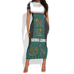 Sierra Leone Short Sleeve Bodycon Dress - Tribal Animal Pattern Featuring Lion Elephant Giraffe and Monkey