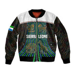 Sierra Leone Sleeve Zip Bomber Jacket - Tribal Animal Pattern Featuring Lion Elephant Giraffe and Monkey