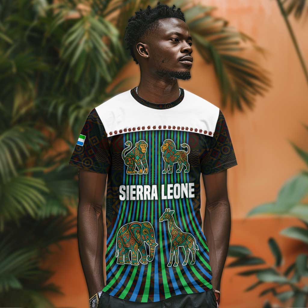 Sierra Leone T shirt - Tribal Animal Pattern Featuring Lion Elephant Giraffe and Monkey