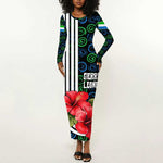 Sierra Leone Long Sleeve Bodycon Dress Red Hibiscus Floral Design