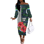 Sierra Leone Off The Shoulder Long Sleeve Dress Red Hibiscus Floral Design