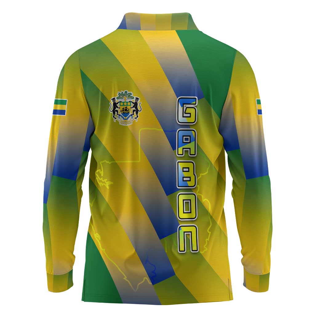 Gabon Flag Long Sleeve Polo Shirt - National Coat of Arms and Vertical Design
