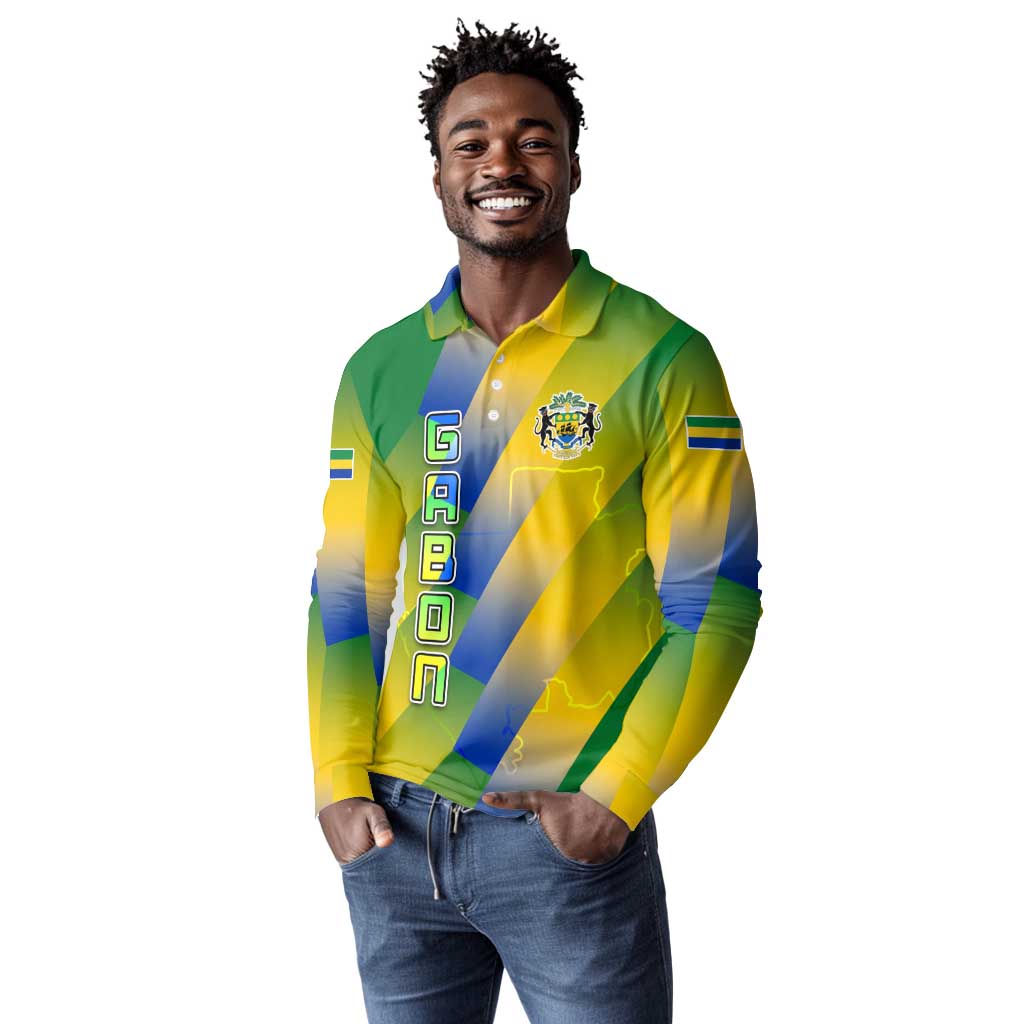 Gabon Flag Long Sleeve Polo Shirt - National Coat of Arms and Vertical Design