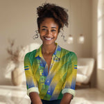 Gabon Flag Women Casual Shirt - National Coat of Arms and Vertical Design