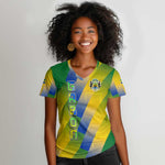 Gabon Flag Women V-Neck T-Shirt - National Coat of Arms and Vertical Design