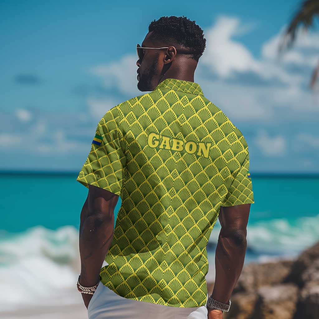 Gabon Tribal Pattern Hawaiian Shirt - National Flag Colors and Bold Text Design