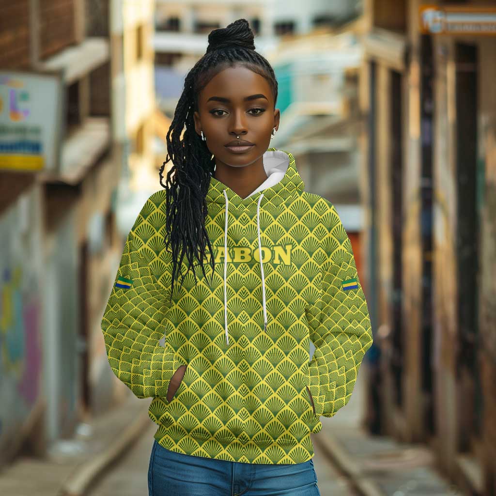Gabon Tribal Pattern Hoodie - National Flag Colors and Bold Text Design