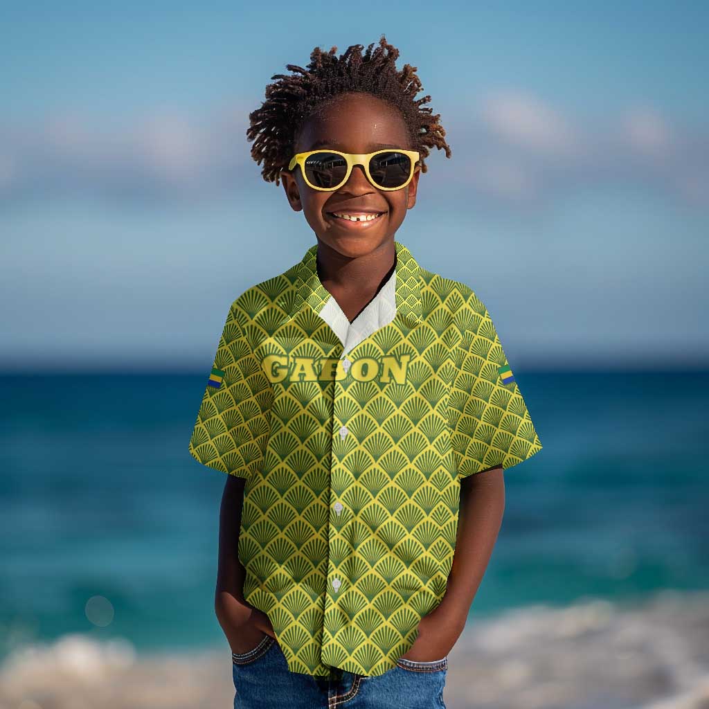 Gabon Tribal Pattern Kid Hawaiian Shirt - National Flag Colors and Bold Text Design