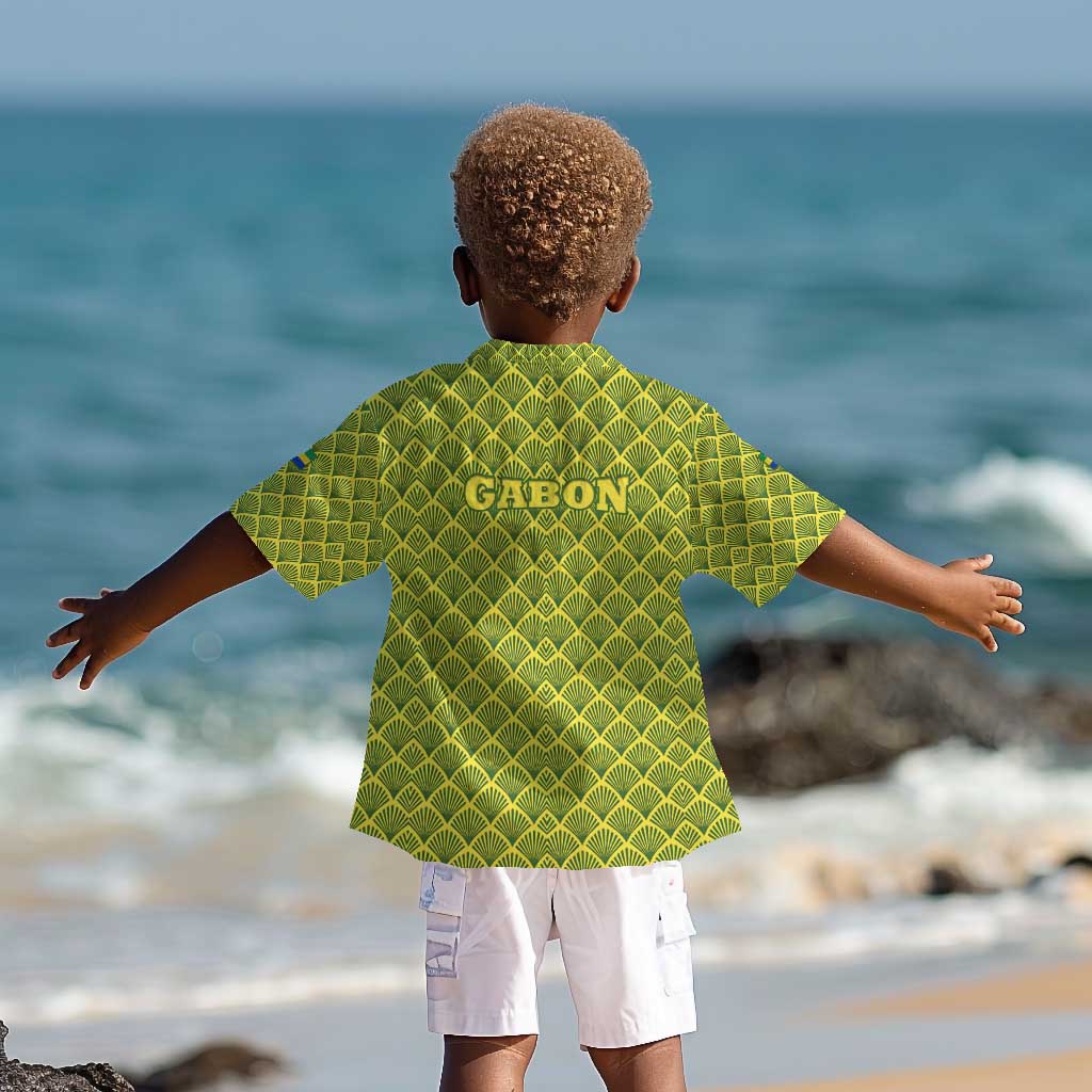 Gabon Tribal Pattern Kid Hawaiian Shirt - National Flag Colors and Bold Text Design