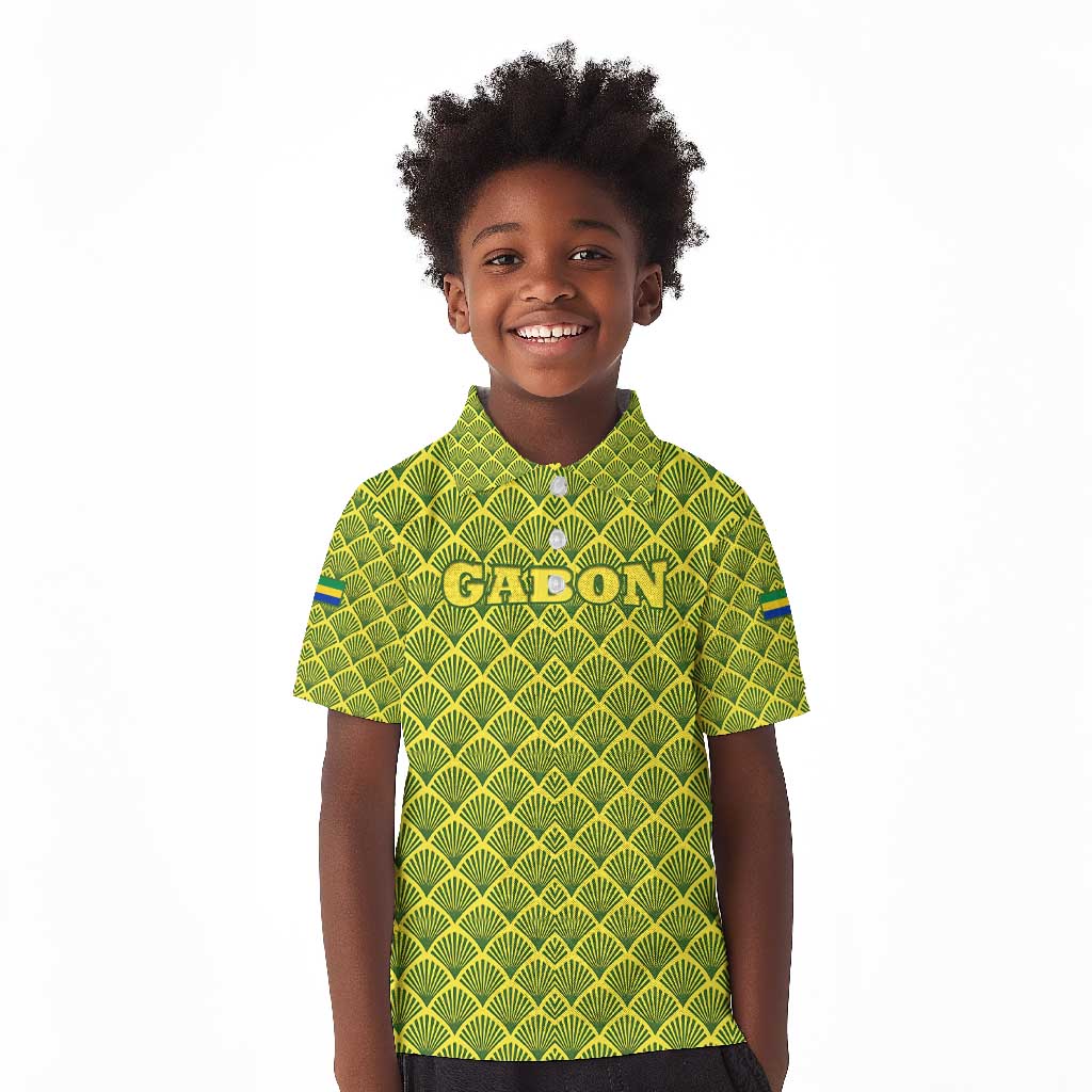 Gabon Tribal Pattern Kid Polo Shirt - National Flag Colors and Bold Text Design