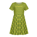 Gabon Tribal Pattern Kid Short Sleeve Dress - National Flag Colors and Bold Text Design