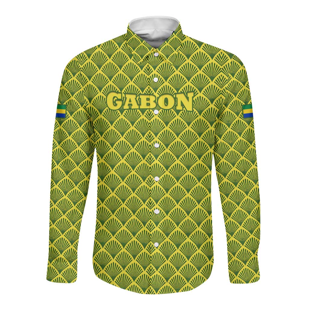Gabon Tribal Pattern Long Sleeve Button Shirt - National Flag Colors and Bold Text Design
