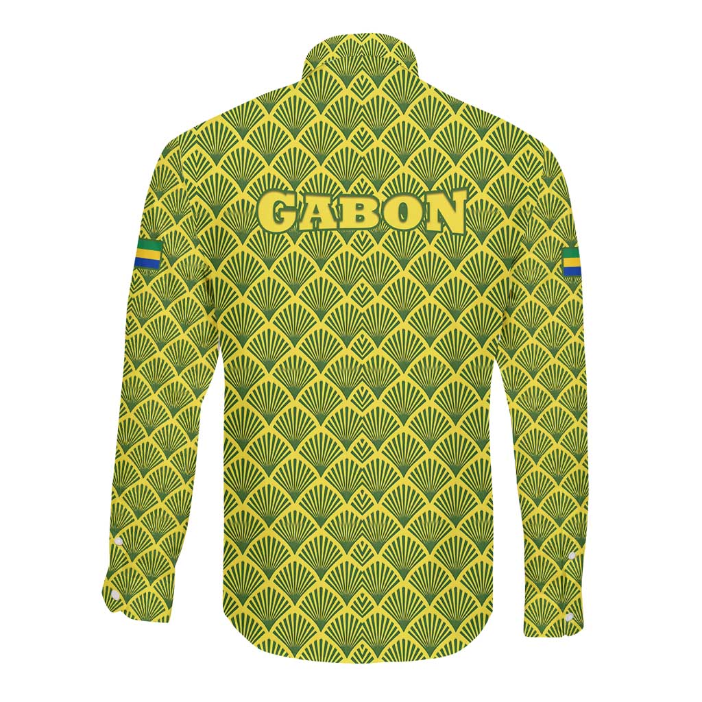 Gabon Tribal Pattern Long Sleeve Button Shirt - National Flag Colors and Bold Text Design