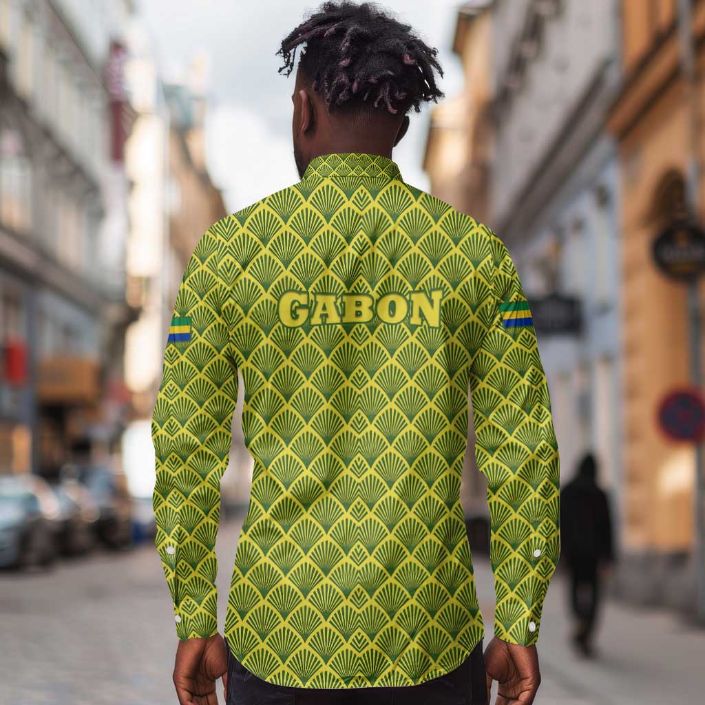 Gabon Tribal Pattern Long Sleeve Button Shirt - National Flag Colors and Bold Text Design