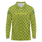 Gabon Tribal Pattern Long Sleeve Polo Shirt - National Flag Colors and Bold Text Design