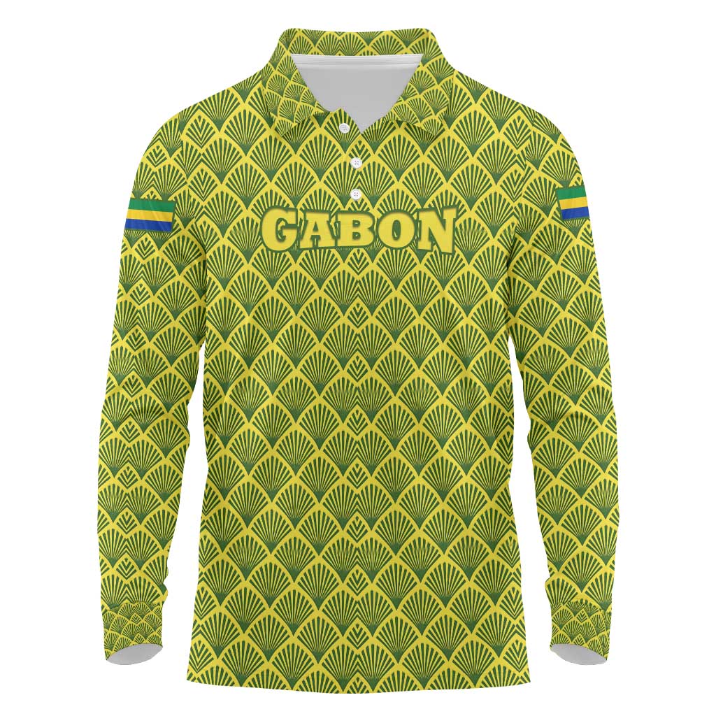 Gabon Tribal Pattern Long Sleeve Polo Shirt - National Flag Colors and Bold Text Design